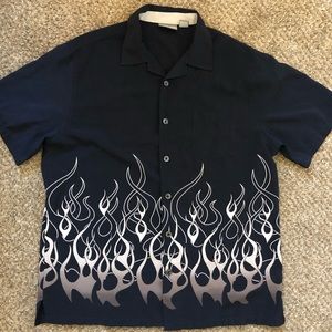 Navy Blue + Silver Flames Button Down